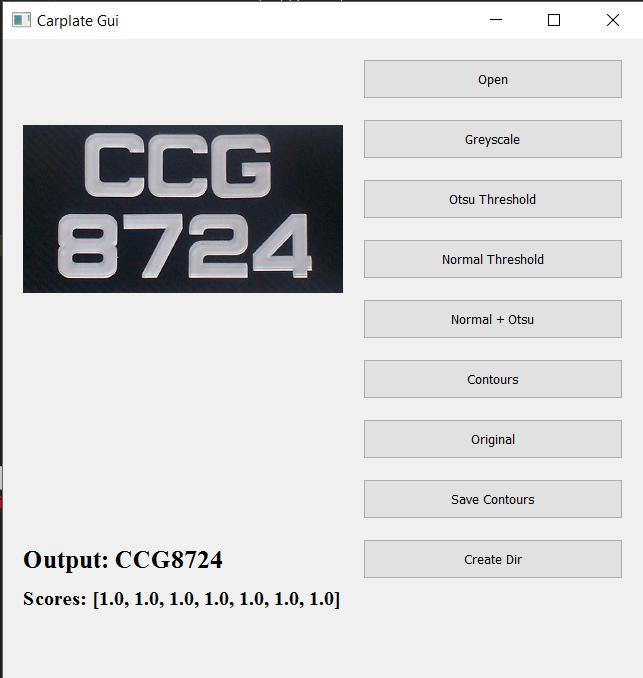 Malaysian car plate OCR GUI — CNN recognizing CCG8724 with perfect confidence