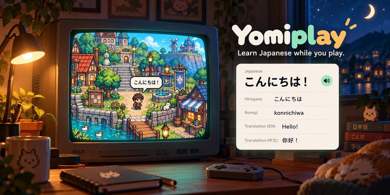 Yomiplay: a retro game on a CRT next to a study card for the line こんにちは